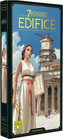 The game box of 7 Wonders: Edifice, featuring a woman in classical attire holding tools, with an architectural structure in the background. The design incorporates historical elements and vibrant colors, showcasing the theme of building wonders.