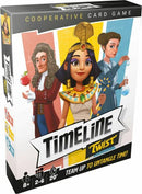 The box cover of the cooperative card game 'Timeline Twist' by Zygomatic features three characters: a historical figure with a coat, an ancient Egyptian princess adorned with jewelry, and a woman holding a vial. The vibrant artwork blends historical themes and invites players to join forces to unravel the chronology of events. The packaging also showcases the recommended age, player count (2-6), and a playtime of about 20 minutes.