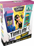 A colorful box of the cooperative card game 'Timeline Twist' by Zygomatic. The box features playful pop culture graphics, including a retro arcade machine, an alien spaceship, and a cheerful character holding a smartphone. The game is designed for 2 to 6 players and suitable for ages 8 and up, emphasizing teamwork to untangle timelines in this engaging party game.