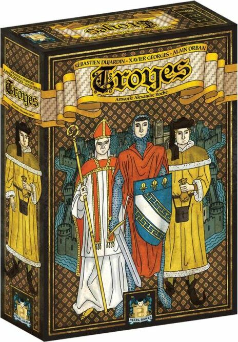 The box of the board game 'Troyes' by Asmodee, featuring colorful artwork depicting three historical figures. The characters are dressed in medieval attire with detailed designs, surrounded by a stylized background of buildings and castle walls, evoking the essence of historical gameplay.