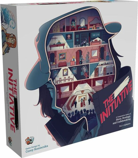 The Initiative is a cooperative board game by Unexpected Games. The box features an illustration of a figure with a hat, revealing scenes of a multi-story mansion filled with characters engaged in various activities. The game's title is prominently displayed, emphasizing its themes of story, strategy, and codebreaking. Ideal for 1-4 players.