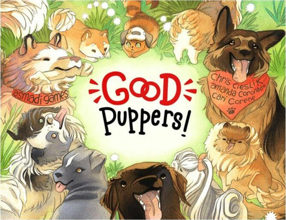 The cover of the game 'Good Puppers' by Asmadi Games, featuring a colorful illustration of various dog breeds with playful expressions surrounded by lush greenery. The title 'Good Puppers!' is prominently displayed in a fun, bold font, with the names of the creators at the bottom.