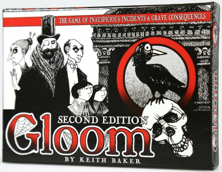 The Gloom board game by Atlas Games, featuring the title prominently on the front of the box. The design includes a stylized illustration of spooky characters, a crow, and a skull, set against a dark background. The box indicates that it is the second edition of the game, themed around misfortune and grim events.