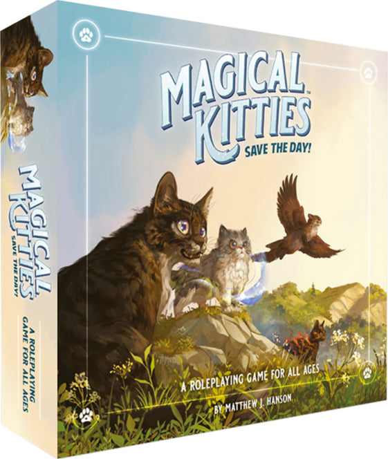 The box of 'Magical Kitties Save the Day!' features whimsical illustrations of adorable cats with magical powers, set against a scenic landscape. The title is prominently displayed in bold, playful font, and the tagline indicates it is a roleplaying game suitable for all ages.
