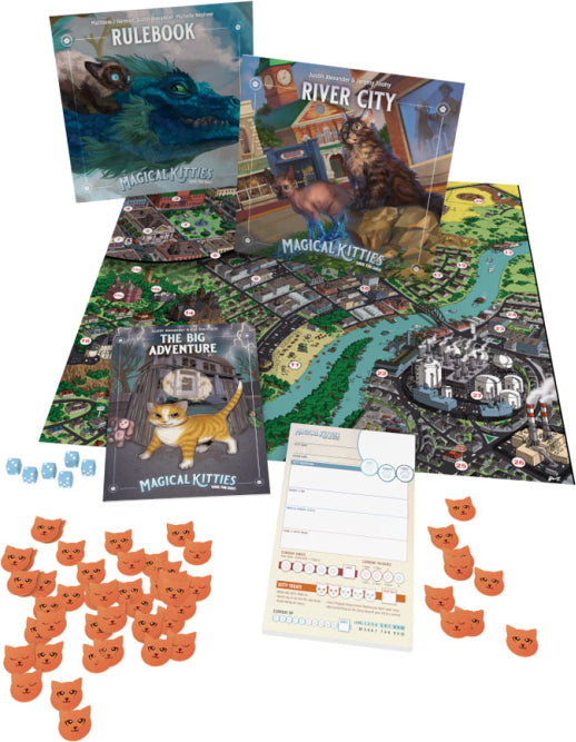 Magical Kitties Save the Day! board game by Atlas Games. The image features the game board showing River City, character tokens, rulebook, adventure cards, and various dice. Colorful illustrations of cats and city landscapes are prominent.