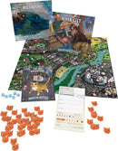 Magical Kitties Save the Day! board game by Atlas Games. The image features the game board showing River City, character tokens, rulebook, adventure cards, and various dice. Colorful illustrations of cats and city landscapes are prominent.