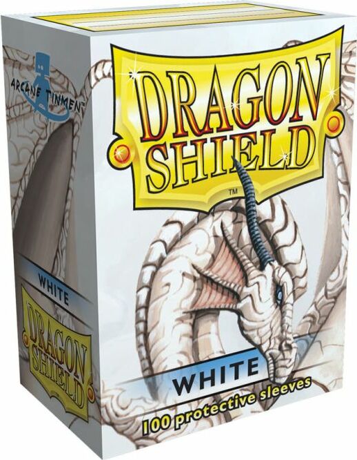 A box of Dragon Shields, featuring 100 classic protective sleeves. The packaging displays an illustration of a white dragon and bold yellow lettering. It is designed for card game enthusiasts to keep their cards safe from wear and tear.