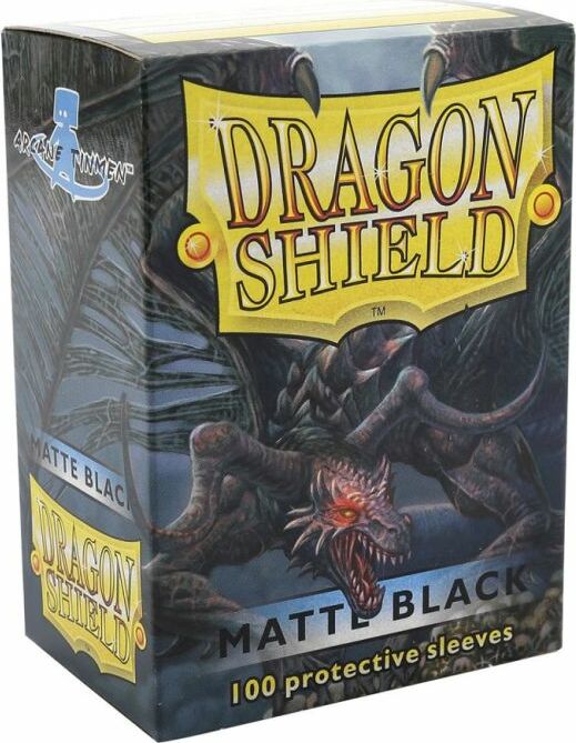 Dragon Shields pack featuring 100 black protective card sleeves. The packaging showcases a striking design with a dragon illustration and the product name 'Dragon Shield' prominently displayed. Ideal for protecting trading cards and other gaming materials.