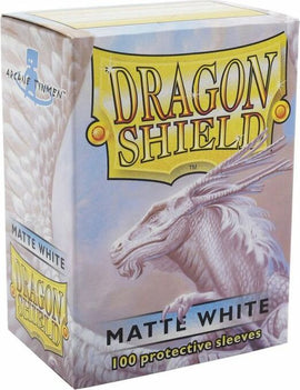 Dragon Shields protective sleeves in matte white color, packaged in a box with a fantasy dragon design. Contains 100 card sleeves for game cards, ensuring protection and style for your gaming collection.