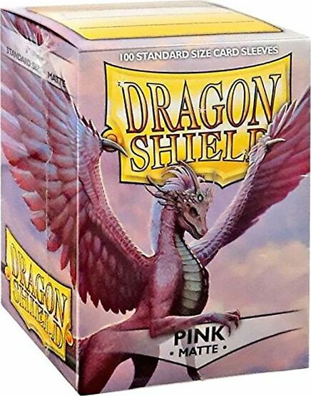 Dragon Shields: (100) Matte Pink card sleeves. The packaging features a vibrant design with a majestic pink dragon spreading its wings against a cloudy background, showcasing the 'Dragon Shield' logo prominently at the top.