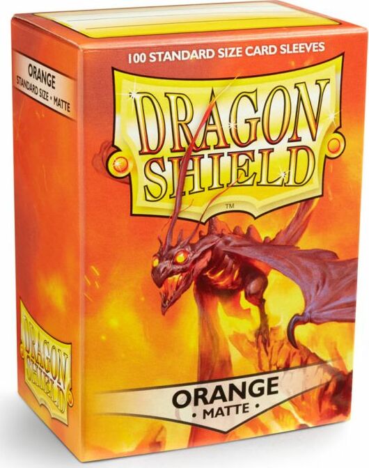 Dragon Shields Matte Orange card sleeves packaging, featuring a fierce dragon design. The box contains 100 standard size sleeves, ideal for protecting trading cards during gameplay.