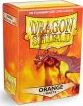 A box of Dragon Shields: Matte Orange, containing 100 protective card sleeves for tabletop gaming. The packaging features a vibrant orange design with a dragon illustration, emphasizing quality and durability.