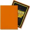 A pack of 100 matte orange card sleeves from Dragon Shields, designed to protect and enhance gaming cards. The sleeves feature a durable matte finish and are displayed next to their distinctive packaging.