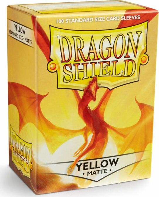 A pack of 100 standard size matte yellow card sleeves by Dragon Shield. The packaging features a vibrant design with a dragon illustration, highlighting the sturdy protection these sleeves offer for trading and collectible cards.