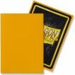 A pack of Dragon Shields featuring 100 matte yellow card sleeves, designed for protecting trading cards. The sleeves have a smooth, matte finish for easy shuffling and a vibrant yellow color, ideal for gamers and collectors.
