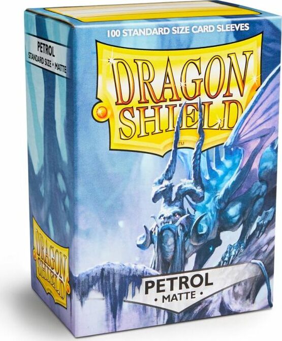 A product box of Dragon Shields featuring 100 standard size matte card sleeves in a petrol color. The design showcases a dragon theme with icy blue hues, ideal for protecting gaming cards.