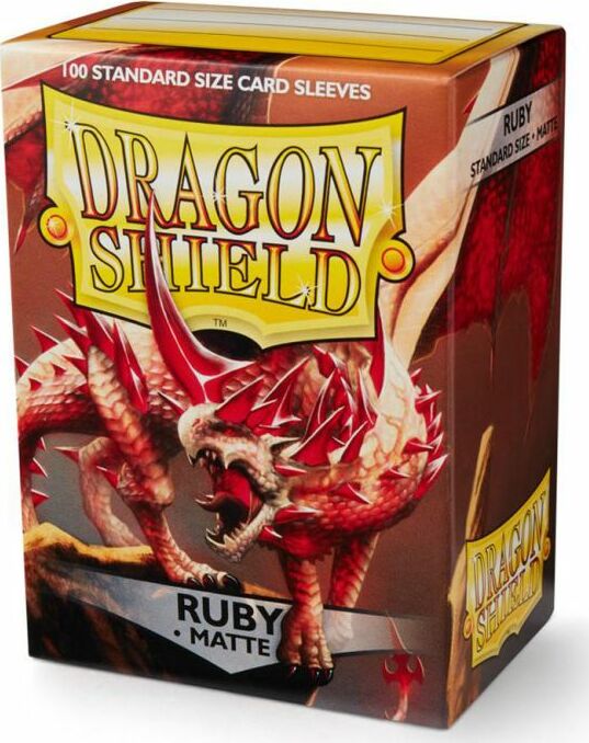 Package of Dragon Shields featuring 100 standard size matte sleeves in vibrant ruby color. The front showcases a ferocious red dragon, symbolizing protection and fantasy gaming.