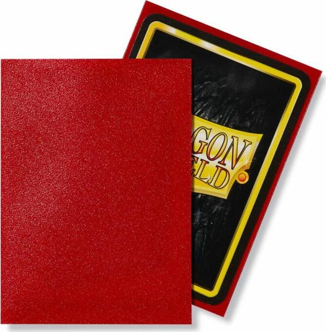 A pack of Dragon Shields featuring 100 Matte Ruby card sleeves. The image shows a vibrant ruby red exterior and branded backing, perfect for protecting gaming cards.