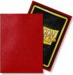 A package of Dragon Shields featuring 100 matte ruby card sleeves. The front showcases a vibrant ruby red color with a black and yellow logo. Designed for protecting and enhancing trading cards during gameplay.