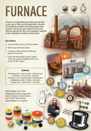 Furnace board game by ARCANE WONDERS, featuring components like cards, tokens, and stylish artwork depicting 19th-century industrial buildings. The game accommodates 2-4 players and takes 30-60 minutes to play, focusing on strategic resource management as players become wealthy capitalists in the industrial revolution.