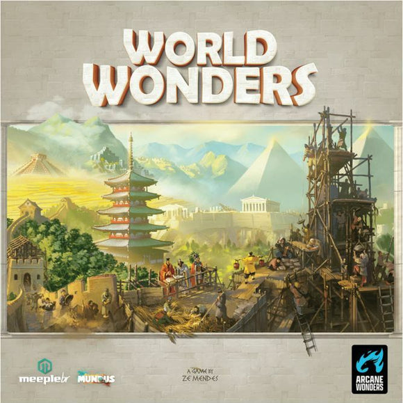 The board game 'World Wonders' by Arcane Wonders features a vibrant, illustrated cover depicting iconic global landmarks like the Great Pyramid and the Great Wall, with scenes of construction and characters interacting, inviting players to engage in a journey through history and civilization.
