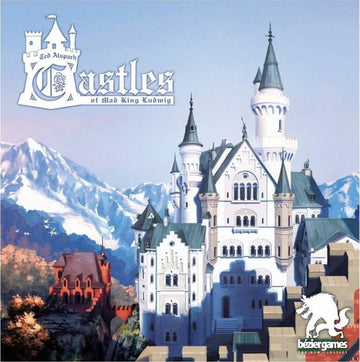 The box cover of the board game 'Castles of Mad King Ludwig' by Bezier Games. It features an intricately designed castle with tall spires and an elaborate facade, set against a majestic mountain backdrop.