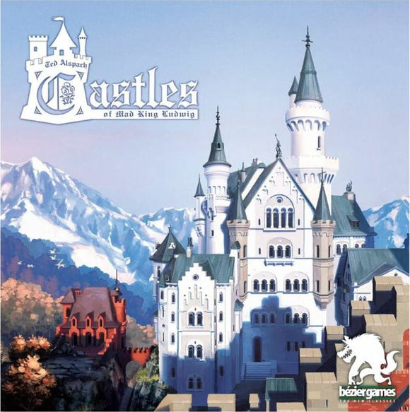 The box cover of the board game 'Castles of Mad King Ludwig' by Bezier Games. It features an intricately designed castle with tall spires and an elaborate facade, set against a majestic mountain backdrop.