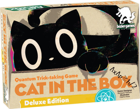 Box packaging for the game 'Cat in the Box' by Bezier Games. The box features an illustration of a playful black cat with large, expressive eyes. The title 'Cat in the Box' is displayed prominently, along with the description 'Quantum Trick-taking Game' and 'Deluxe Edition'. The design has vibrant colors and playful graphics, making it appealing to game enthusiasts.
