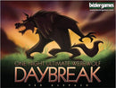 An illustrated game box for "One Night Ultimate Werewolf Daybreak" by Bezier Games. The cover features a prominent black werewolf silhouette against a colorful sunset, with the game title prominently displayed in bold letters. The design evokes suspense and excitement, ideal for game nights.