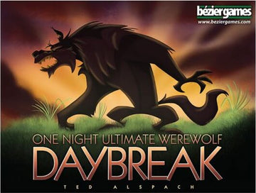 An illustrated game box for "One Night Ultimate Werewolf Daybreak" by Bezier Games. The cover features a prominent black werewolf silhouette against a colorful sunset, with the game title prominently displayed in bold letters. The design evokes suspense and excitement, ideal for game nights.