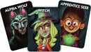 Three character cards from the game One Night Ultimate Werewolf Daybreak, featuring vibrant illustrations of an Alpha Wolf, a Witch with a pointed hat, and an Apprentice Seer with a glowing orb. Each card displays the character name prominently at the top, set against a dark background, ideal for engaging gameplay.