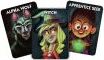 Three colorful character cards from the game One Night Ultimate Werewolf Daybreak, featuring a wolf-like character, a witch, and a young apprentice holding a glowing orb. Each card showcases unique illustrations and vibrant colors, highlighting the game's exciting theme of deduction and strategy.