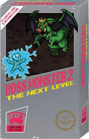 Boss Monster 2: The Next Level card game box, featuring a vibrant green monster with bat wings and a blue ghost-like figure. The box is designed with retro-style pixel art, capturing the essence of classic video games. The title is prominently displayed in bright pink and yellow letters, and the packaging suggests it is for 2 to 4 players, emphasizing its multiplayer gameplay.