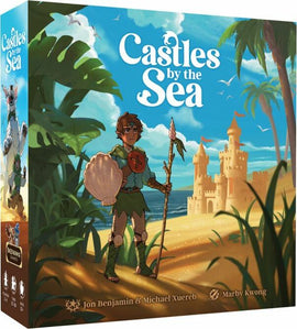 The game box for 'Castles by the Sea' featuring a vibrant illustration of a young boy holding a shell, surrounded by tropical plants, with sandy beaches and castles in the background. The title 'Castles by the Sea' prominently displayed at the top in playful font.