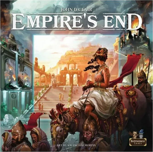 Empire's End game box by Brotherwise Games, featuring stunning artwork by Kwanchai Moriya. The cover showcases a majestic scene with a woman in a flowing dress riding an elephant, surrounded by ancient ruins and various characters, depicting the grandeur and historical themes of the game.