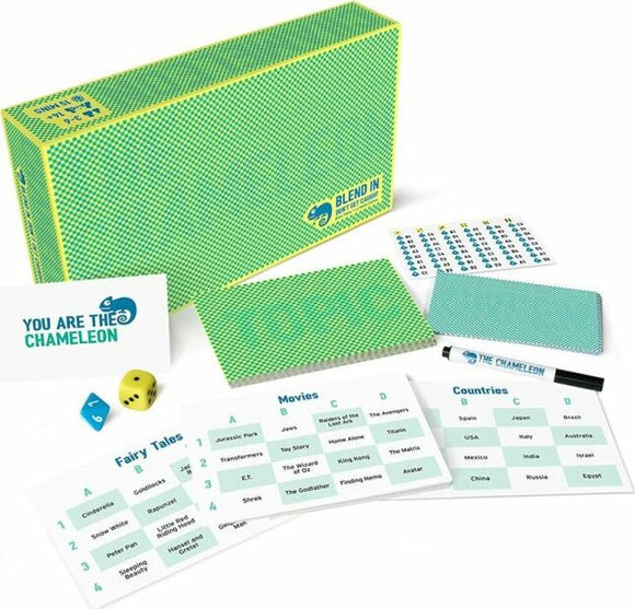 The Chameleon game by Big Potato Games displayed in its colorful box. The image shows game components including identity cards featuring categories like Movies, Fairy Tales, and Countries, a green board, dice, and a marker. The game's title 'You Are the Chameleon' is prominently featured on one of the cards, emphasizing the fun art of blending in and interactive gameplay.