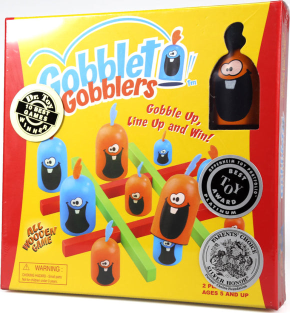 A colorful board game box for Gobblet Gobblers by Blue Orange U.S.A. The box shows the game components, featuring vibrant wooden pieces in various colors, including orange, blue, and green. The box displays awards and features playful graphics with characters that look like smiling gobblers. The tagline 'Gobble Up, Line Up and Win!' is prominently featured, indicating it's a fun family game suitable for children aged 5 and up.