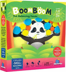 BoomBoom the Balancing Panda game box featuring a panda in a tree with colorful balancing pieces. Designed for 1-6 players aged 3 and up, focuses on skill-building, fine motor skills, and social play.