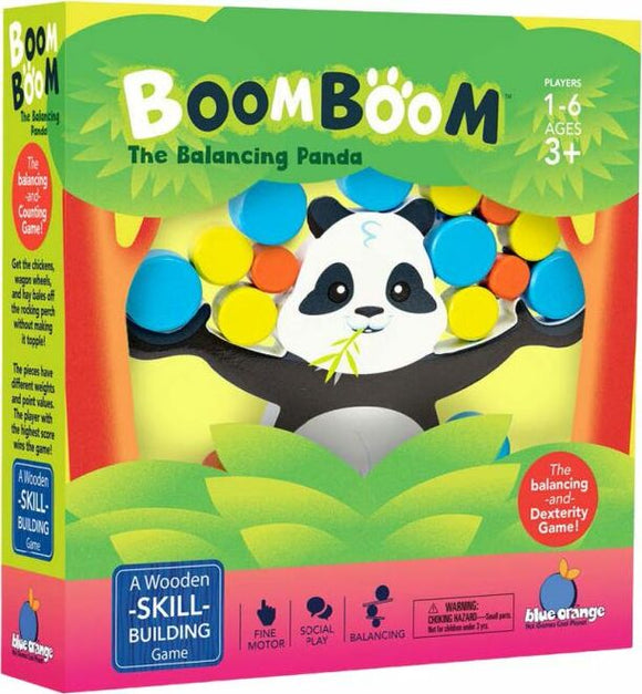 BoomBoom the Balancing Panda game box featuring a panda in a tree with colorful balancing pieces. Designed for 1-6 players aged 3 and up, focuses on skill-building, fine motor skills, and social play.