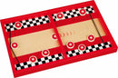 Fastrack game by Blue Orange U.S.A. featuring a vibrant red playing surface with black and white checkered patterns, red stars, and wooden pucks for fast-paced gameplay. Ideal for players of all ages to enjoy competitive fun and improve reflexes.