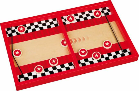 Fastrack game by Blue Orange U.S.A. featuring a vibrant red playing surface with black and white checkered patterns, red stars, and wooden pucks for fast-paced gameplay. Ideal for players of all ages to enjoy competitive fun and improve reflexes.