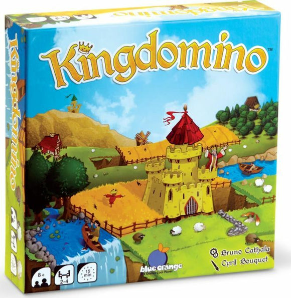 The game Kingdomino by Blue Orange U.S.A. featuring vibrant artwork on its box. The design includes a castle, fields, water, and various animals, designed for 2-4 players aged 8 and up, with a playtime of approximately 15 minutes.