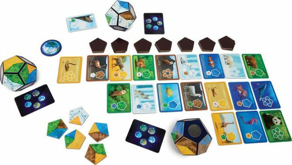 A vibrant tabletop game titled 'Planet' by Blue Orange U.S.A. featuring colorful hexagonal cards showcasing various animals and ecosystems, accompanied by globe-shaped game pieces and wooden tokens. The game encourages players to explore and develop their own planet while strategizing with friends and family.