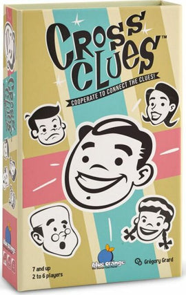 The 'Cross Clues' game by Blue Orange U.S.A. features a vibrant box design with playful, cartoonish illustrations of various expressive characters. The title is prominently displayed at the top in bold letters, and the tagline highlights the cooperative element of connecting clues. The packaging is colorful and inviting, appealing to families and groups of friends.