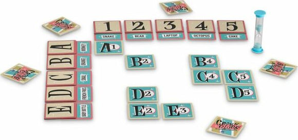 Cross Clues game from Blue Orange U.S.A. includes colorful cards with letters and numbers, a sand timer, and various themed clues. Players collaborate to guess clues based on the letter and number grid. The game promotes teamwork and creativity in a fun, engaging format.