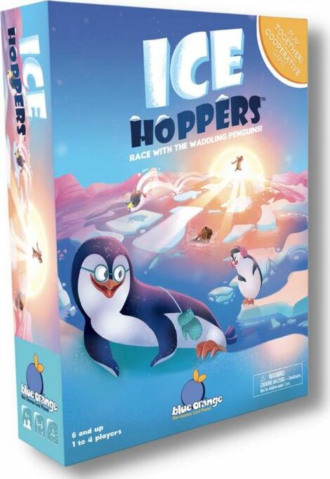 Ice Hoppers game by Blue Orange U.S.A. featuring colorful artwork of playful penguins racing across an icy landscape. The game is designed for ages 6 and up, accommodating 1 to 4 players, promoting cooperative play and family fun.