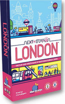 Next Station London board game by Blue Orange U.S.A., featuring colorful illustrations of London sights and characters. The game box showcases the title prominently, indicating a fun and engaging flip-and-write experience for sketching subway lines, suitable for 1 to 4 players aged 8 and up.