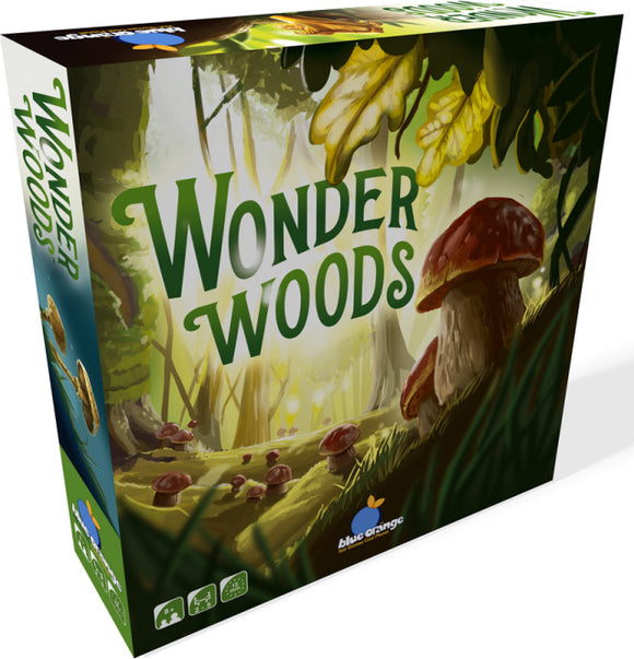 Wonder Woods game designed by Blue Orange U.S.A. The colorful box features whimsical artwork of a lush forest, with bright green leaves and red mushrooms, inviting players into a magical woodland adventure.