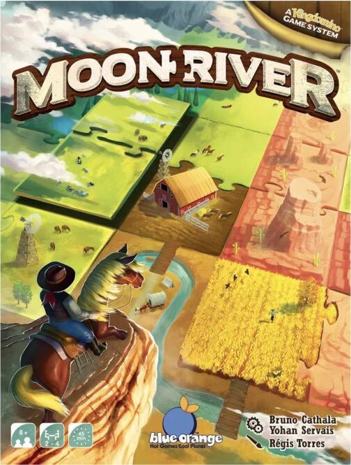 Moon River board game by Blue Orange U.S.A. depicting a colorful landscape with puzzle pieces featuring a cowboy on a horse, a farm, fields, and rivers. The game encourages strategic thinking and teamwork, suitable for players aged 8 and up.