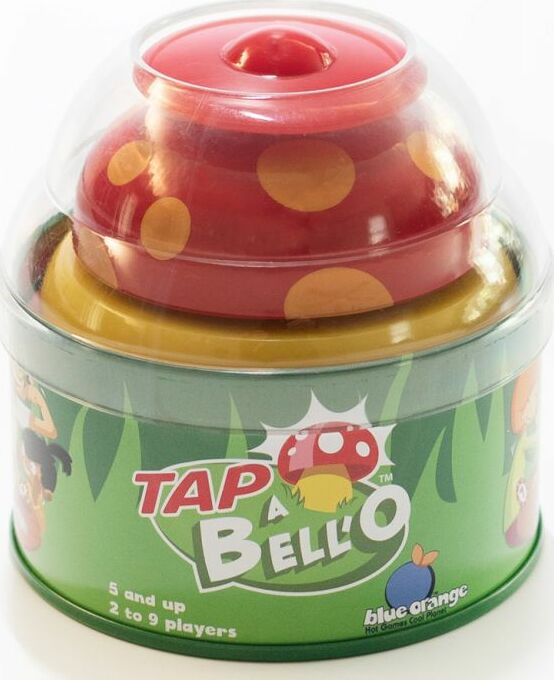 A colorful game called Tap a Bell'O by Blue Orange U.S.A. The game features a stack of three domed pieces in red, yellow, and green, designed with playful polka dots. The packaging shows playful character graphics and displays the age recommendation (5 and up) and the player range (2 to 9 players).